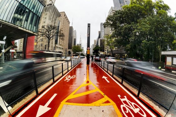 A cycle lane or bike lane was built at the center of Paulista Avenue located at Sao Paulo city, Brazil. It was opened at June/2015