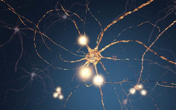 Glowing synapse in human neural system network. Full CGI showing active neuron cells.